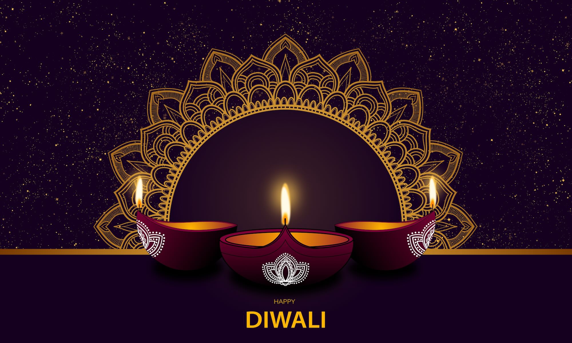 Festival of light concept design with three diwali lamps and gold mandala on back decorated with gold glitters and text.